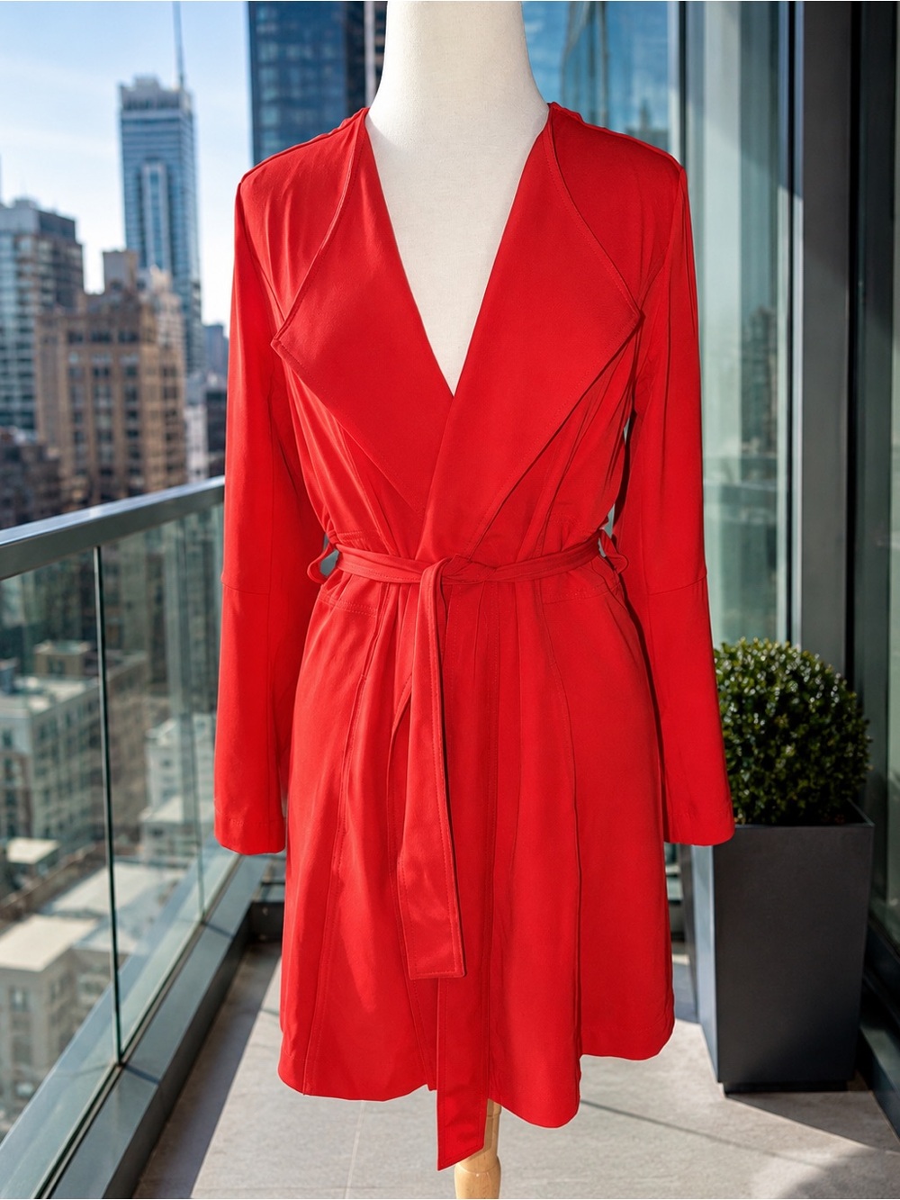 Rachel Zoe Fire Red Lightweight Wrap Coat Jacket Belted Open Front Size S